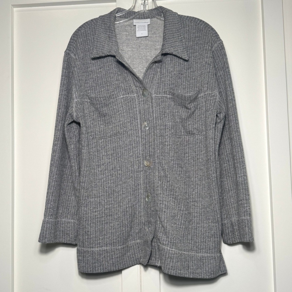 Soft Surroundings Grey Herringbone Knit Button Front Shirt Jacket Shacket Sz S